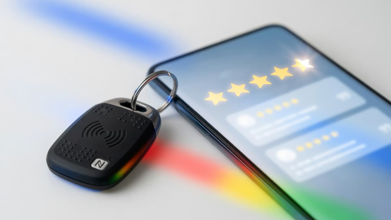 Customer using phone near NFC review tag